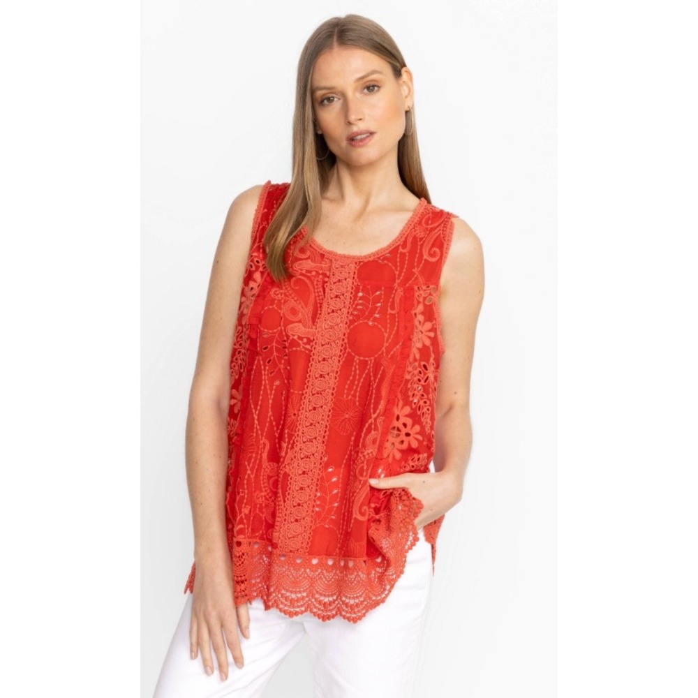Johnny Was Firey Red Tsion Sleeveless Embroidered Eyelet Crochet Lace Tankโ Med